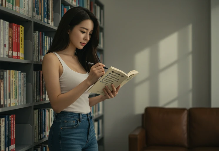 도서관에서 영양 성분표를 확인하며 당뇨에 좋은 영양소를 찾는 한국 여성