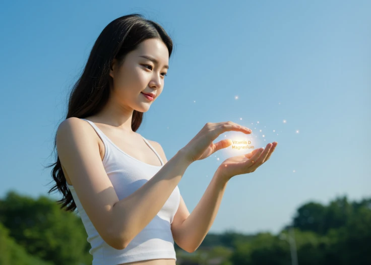 손바닥에 '비타민 D'와 '마그네슘' 글씨가 적혀 있고, 그 사이에서 빛이 모여드는 모습의 한국 여성