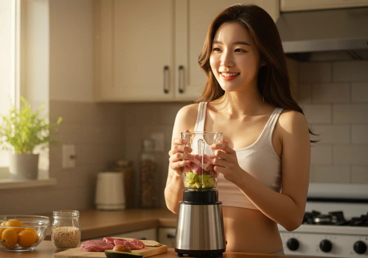 아침 햇살이 비추는 주방에서 믹서기에 좋은 지방 재료를 넣고 활기차게 웃는 한국 여성