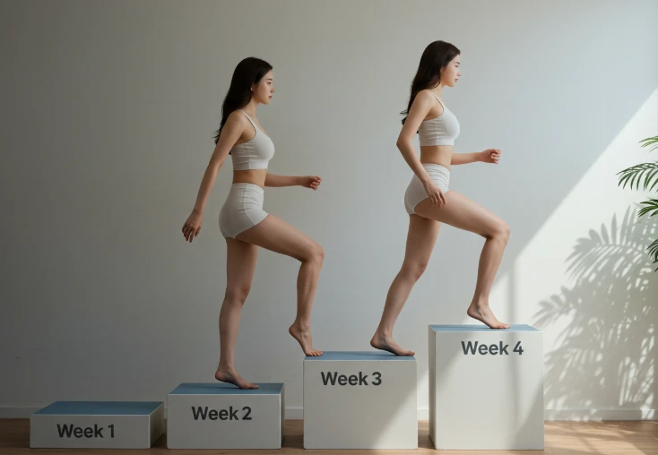 '1주차' 계단에 발을 딛고 있는 한국 여성, 다른 계단에 '2주차', '3주차', '4주차'가 보임