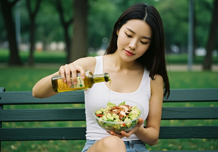 공원 벤치에 앉아 올리브유가 듬뿍 뿌려진 샐러드를 먹는 한국 여성