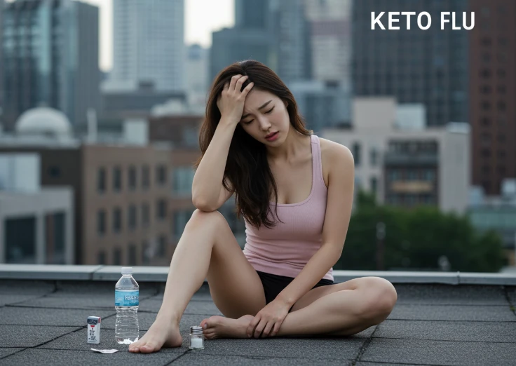 도시 옥상에서 머리를 감싸 쥐고 앉아 있는 한국 여성, 옆에 물통과 소금이 놓여 있음