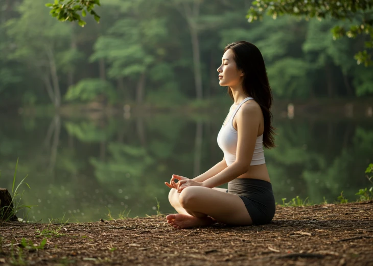 숲속 호숫가에서 평온한 표정으로 명상하는 한국 여성