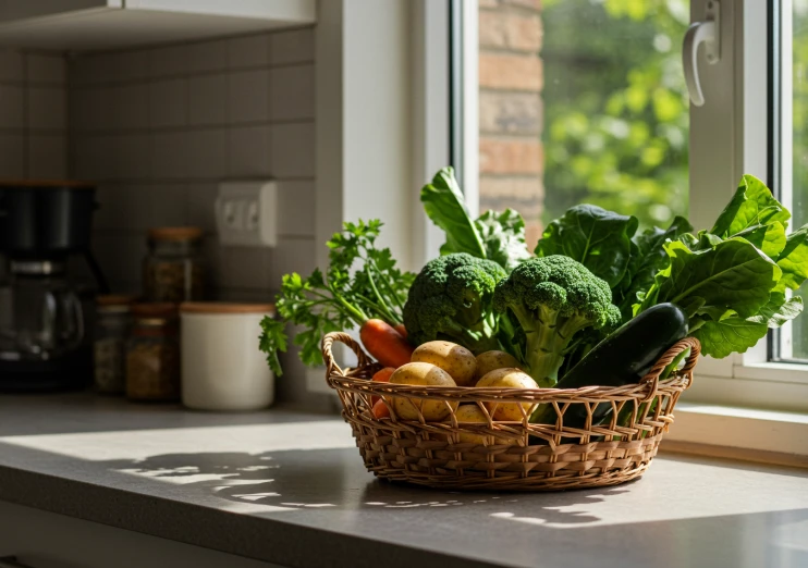 햇살이 비치는 주방 창가에 바구니에 담긴 브로콜리, 시금치, 감자 등 신선한 채소들