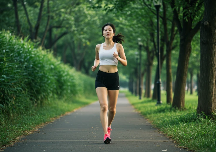 공원 오솔길에서 처음에는 지쳐 있다가 점차 활기차게 조깅하는 한국 여성