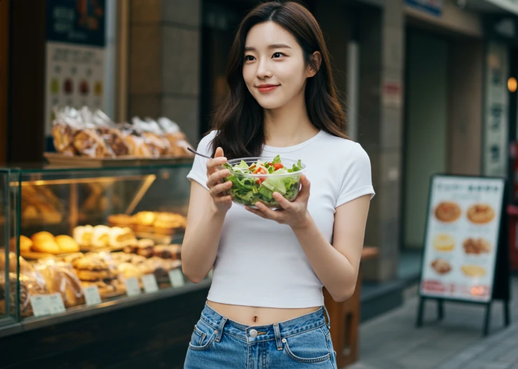 빵집이 보이는 거리에서 샐러드를 들고 여유롭게 미소 짓는 한국 여성