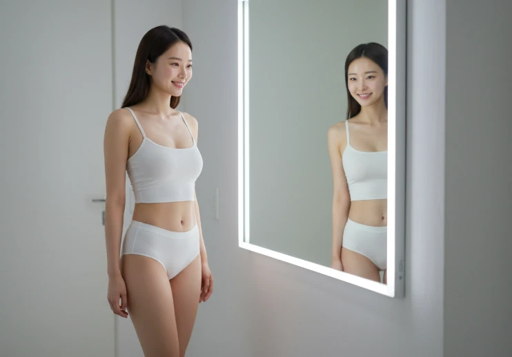 거울에 비친 맑고 건강한 자신의 얼굴을 보며 환하게 웃는 한국 여성