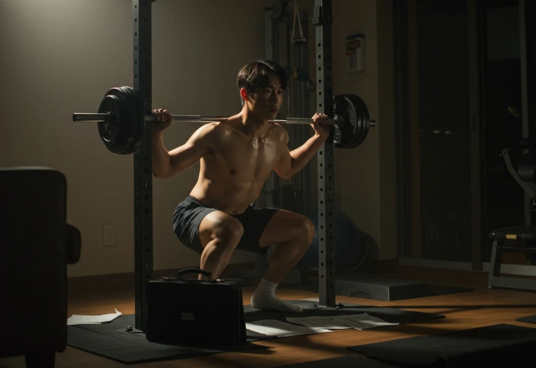 늦은 저녁, 불 꺼진 아파트 헬스장에서 서류 가방 옆에 두고 스쿼트 하는 한국 남성