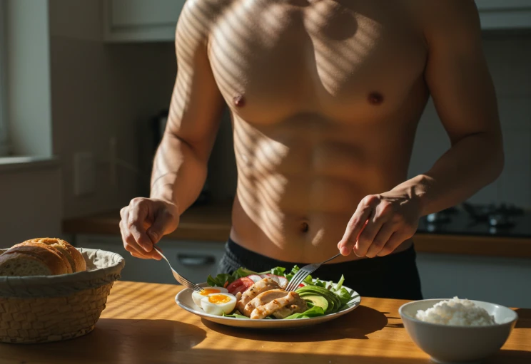 주방에서 닭가슴살 샐러드, 아보카도, 계란을 접시에 담는 한국 남성