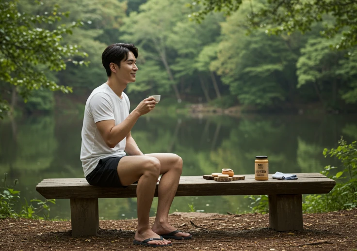 숲속 호숫가에서 평온한 표정으로 벤치에 앉아 있는 한국 남성