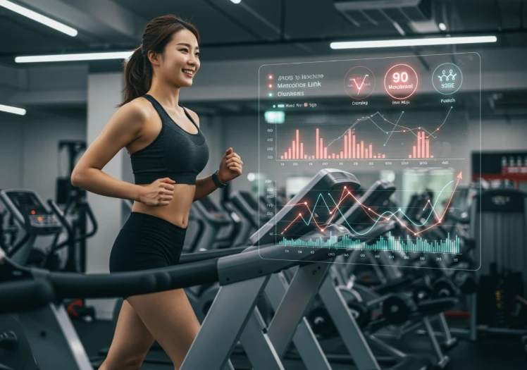 헬스장에서 러닝머신을 타며 근육량과 혈당 개선 그래프를 보는 한국 여성