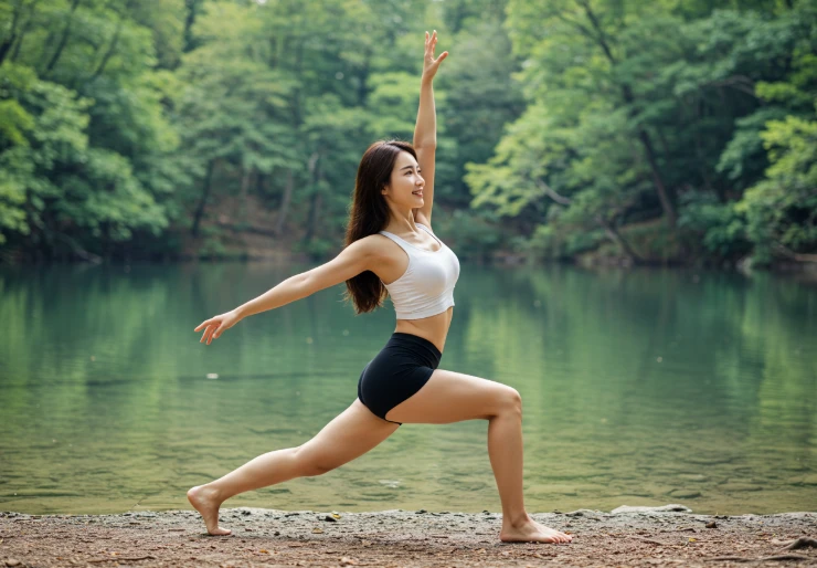 숲속 호숫가에서 활기차게 런지 운동을 하는 한국 여성