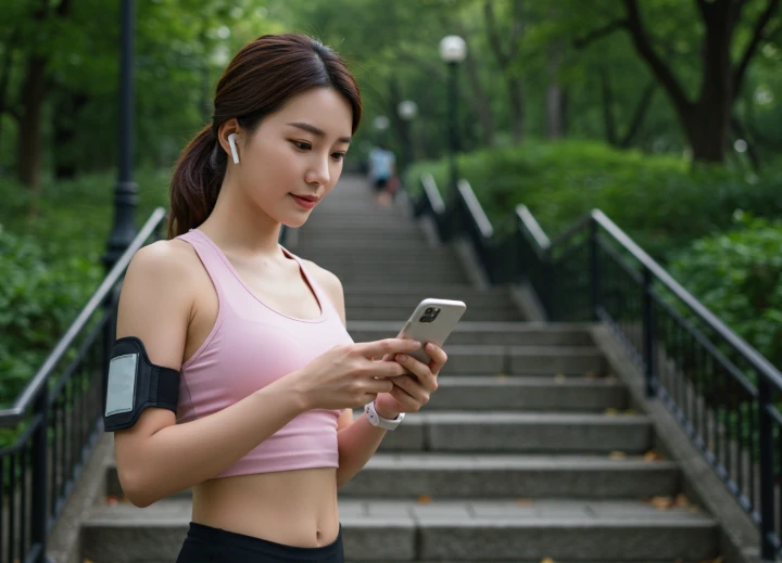 공원 계단 옆에서 휴대폰으로 체계적인 운동 계획을 확인하는 한국 여성