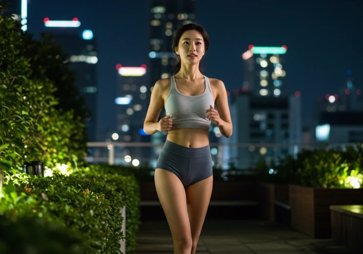 늦은 저녁, 고층 빌딩이 보이는 옥상 정원에서 조깅하는 한국 여성