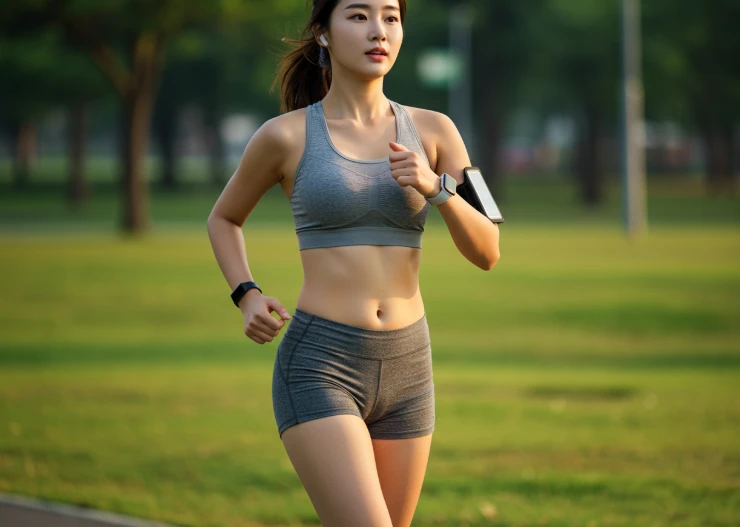 이른 아침, 집 앞 공원에서 러닝 앱 시계를 보며 달리는 한국 여성