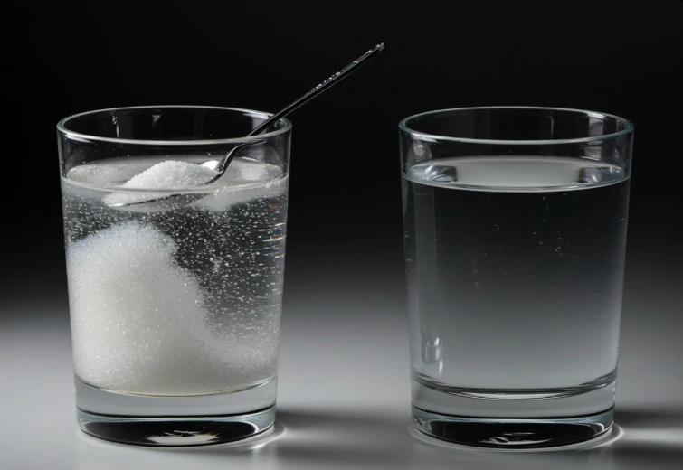 설탕이 천천히 물에 녹는 유리잔과 깨끗한 물이 담긴 유리잔을 보여주는 클로즈업 사진