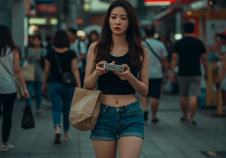 도시 거리에서 피곤한 표정으로 빈 도시락통을 들고 걷는 한국 여성