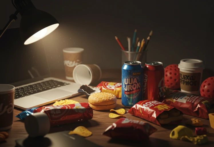 패스트푸드, 액상과당 음료 등 불규칙한 식습관을 상징하는 물건들이 어지럽게 놓인 책상