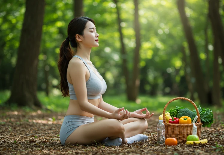 숲속에서 명상하며 평온한 시간을 보내는 한국 여성