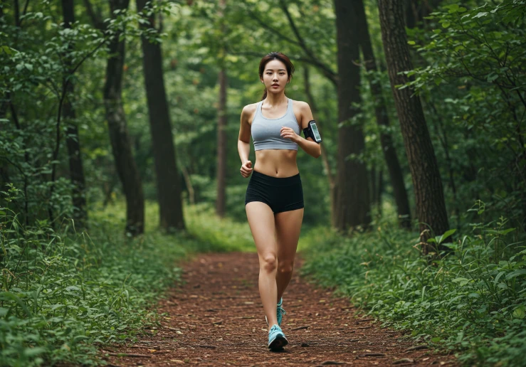 숲길에서 코어에 힘을 주고 안정적인 자세로 달리는 한국 여성