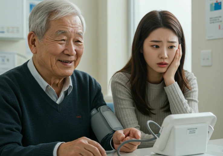 혈압계의 높은 수치를 보고 웃는 노인과 걱정스러운 표정의 젊은 여성