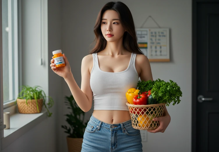 혈압약과 건강한 식재료 바구니 사이에서 고민하는 한국 여성