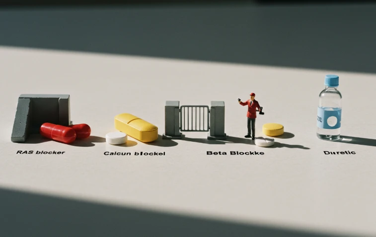 네 가지 다른 종류의 혈압약과 각각의 특징을 상징하는 모형들