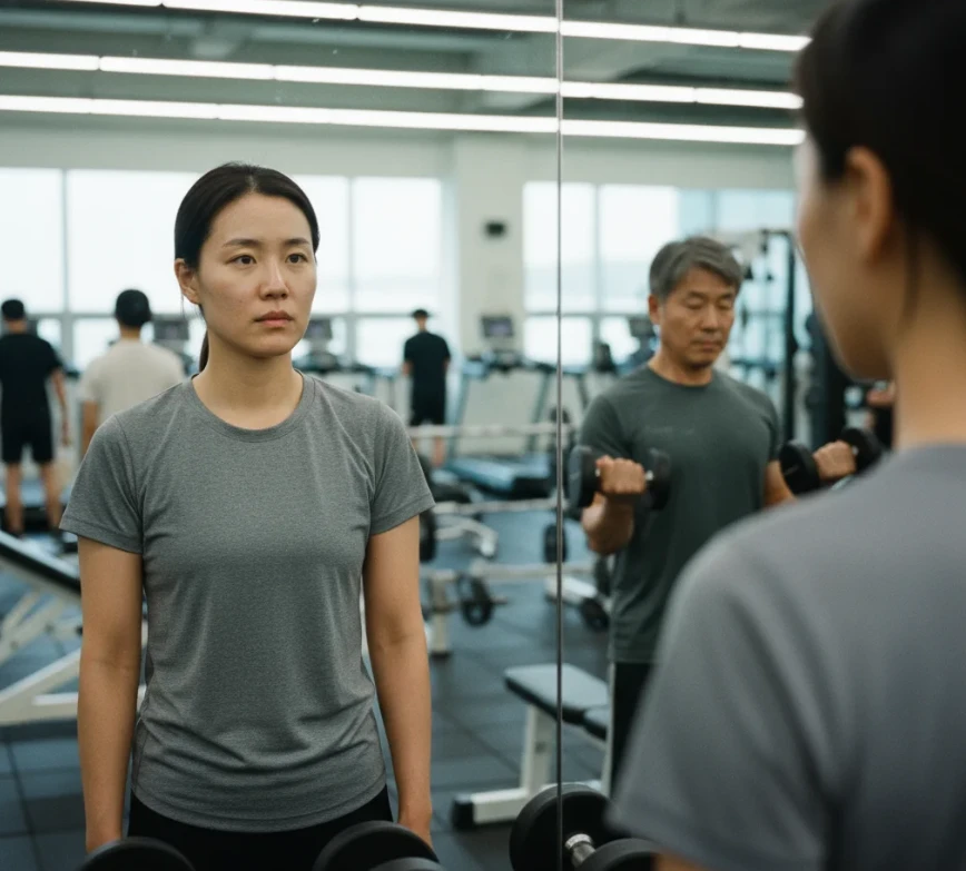 헬스장에서 고민하는 30대 한국 여성과 운동하는 남성의 모습