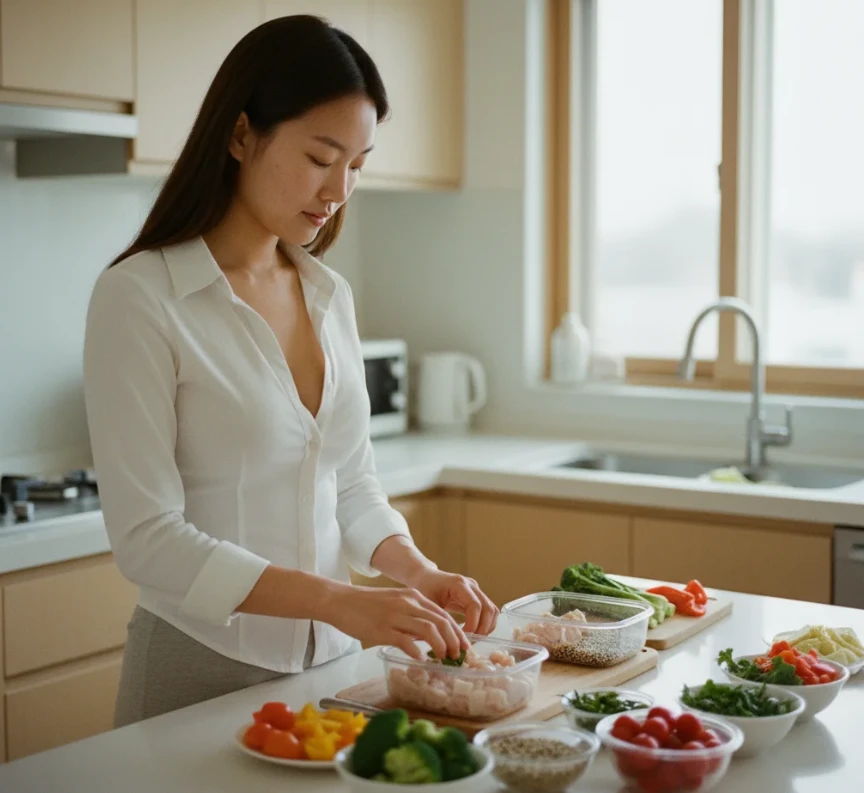 깔끔하게 정리된 주방에서 식단 준비를 하는 한국 여성