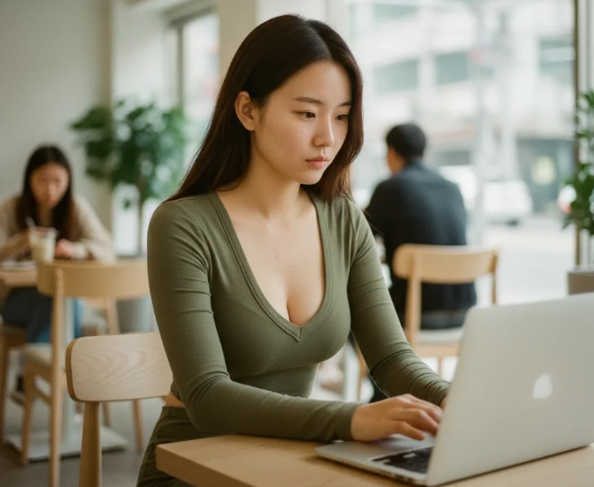 노트북으로 다이어트 정보를 찾아보는 한국 여성