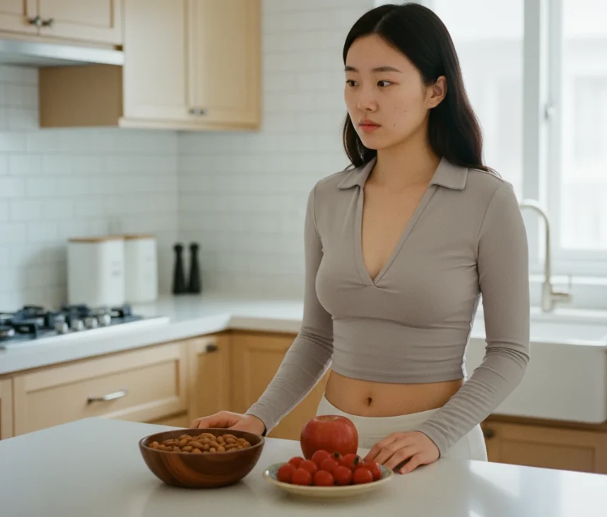 주방에서 건강한 다이어트 간식 재료를 고르는 한국 여성