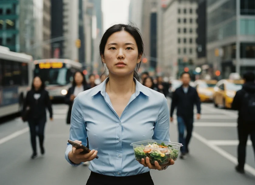 바쁜 아침, 건강한 샐러드 도시락을 들고 출근을 서두르는 한국 여성
