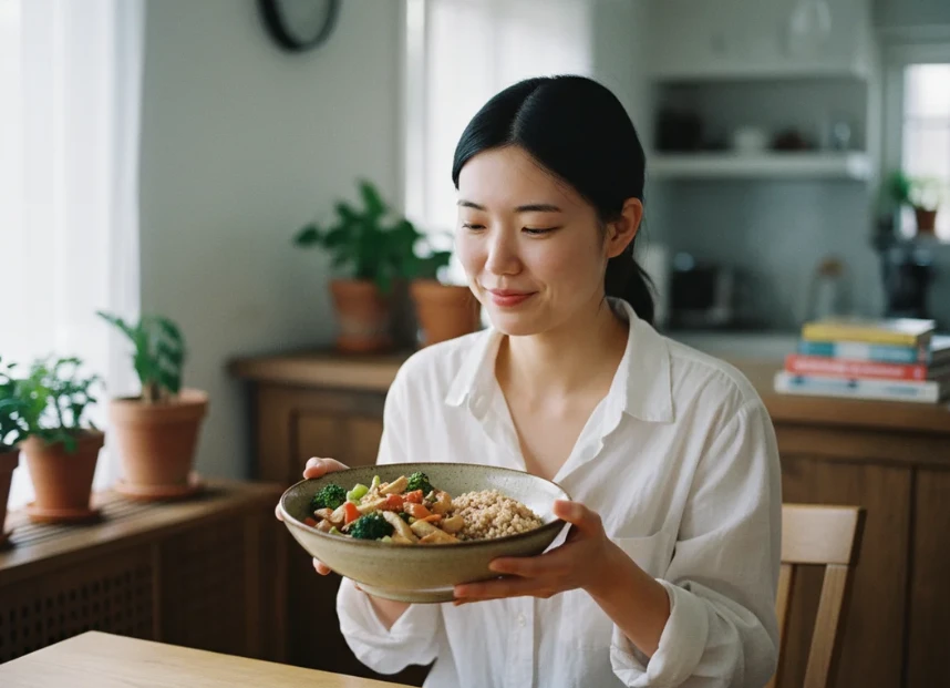 집에서 만든 건강한 덮밥 요리를 들고 있는 한국 여성