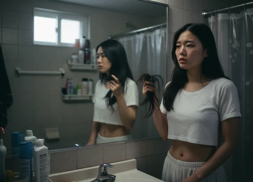 거울을 보며 머리카락이 빠지는 것을 걱정하는 한국 여성