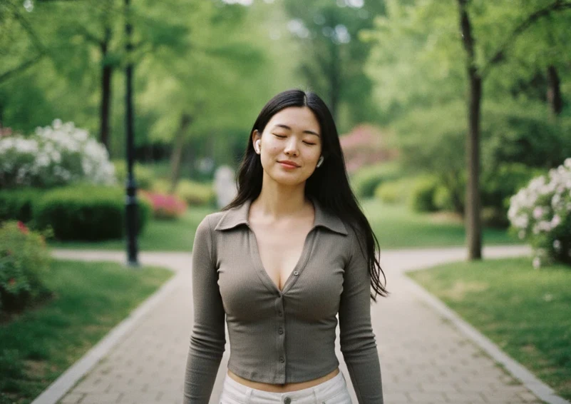 공원에서 편안하게 산책하며 휴식하는 한국 여성