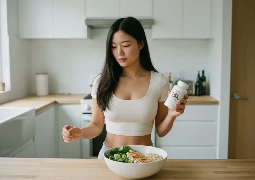 다이어트 보조제와 함께 건강한 식사를 바라보는 한국 여성