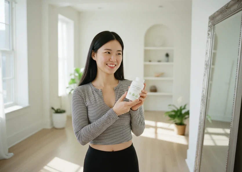다이어트 보조제를 들고 거울에 비추며 미소 짓는 한국 여성
