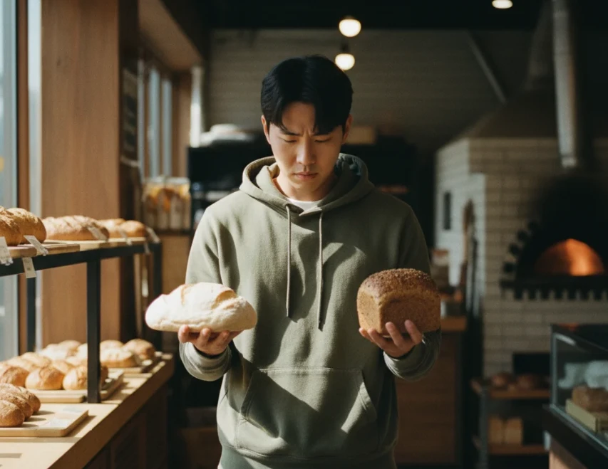 혈당 관리를 위해 통곡물 빵을 선택하는 한국 남성