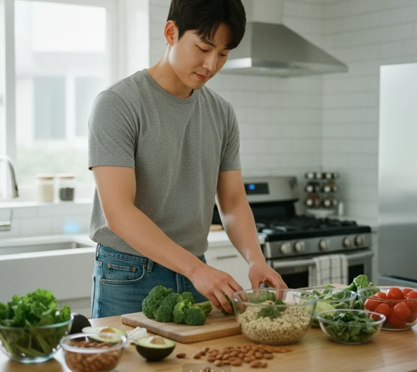 혈당 조절을 위해 다양한 음식을 준비하는 한국 남성