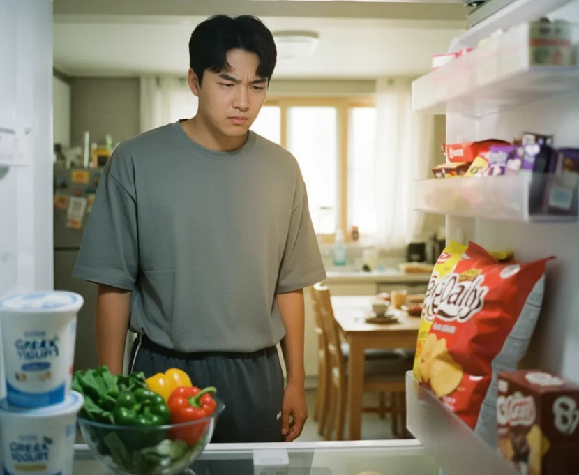 냉장고 문을 열고 건강한 음식과 가공식품 사이에서 고민하는 한국 남성
