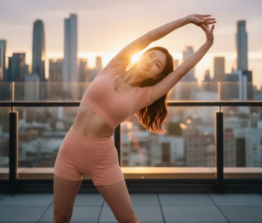 도심 옥상에서 운동하는 건강한 한국 여성 이미지