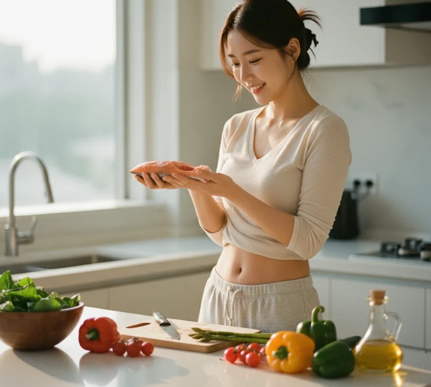 주방에서 건강한 음식을 요리하는 한국 여성 이미지