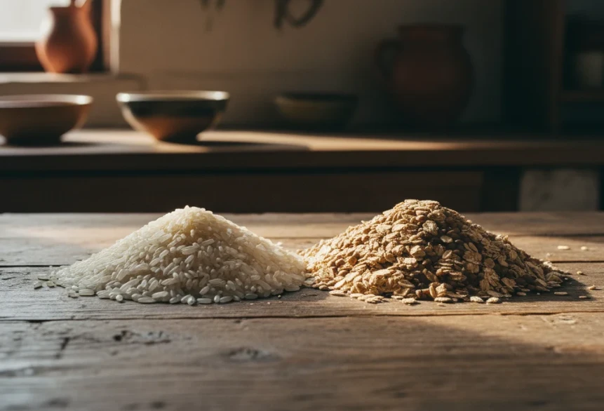 백미, 렌틸콩, 귀리가 대비되어 놓여있는 모습. 건강한 식단 변화의 필요성을 상징