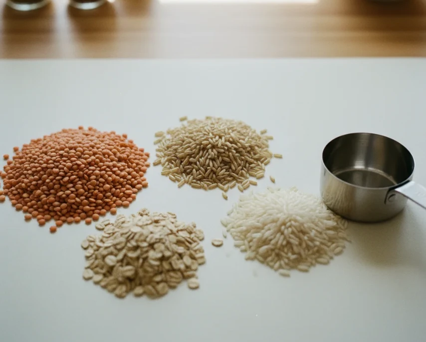 렌틸콩, 현미, 귀리, 백미가 2:1:1:1 황금 비율로 정량 계량된 모습