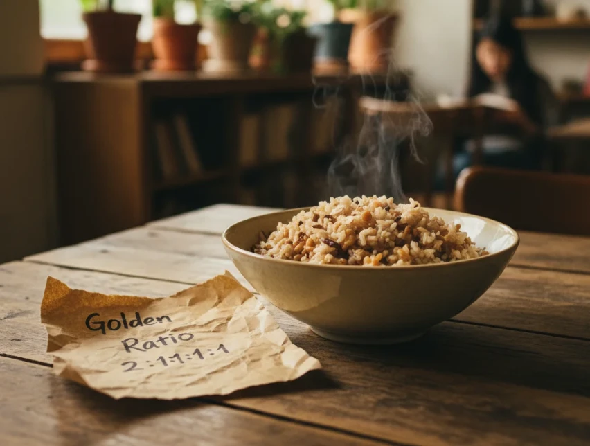 갓 지어진 저속노화밥 한 그릇. 건강하고 윤기가 흐르는 모습
