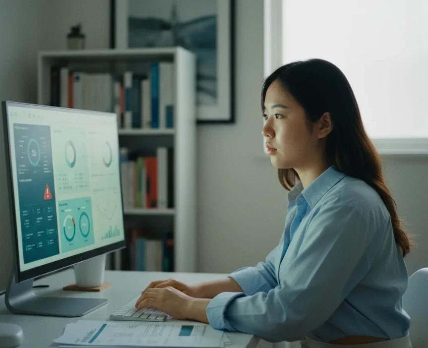 20대 한국 여성이 건강 검진 결과나 데이터를 보며 심각하게 생각하는 모습