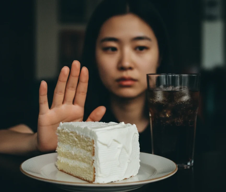 설탕이 많은 음식(케이크, 탄산음료)이 놓여있고, 이를 경계하는 20대 한국 여성의 손