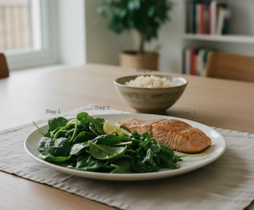 채소(샐러드), 단백질/지방(생선), 탄수화물(잡곡밥) 순서로 배열된 식사 이미지