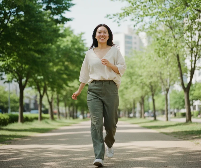 20대 한국 여성이 식사 후 가볍게 산책하거나 걷기 운동을 하는 모습