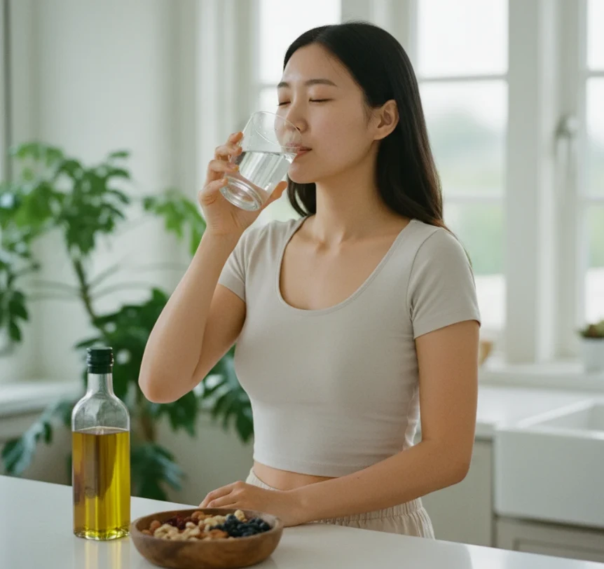 20대 한국 여성이 물을 마시고, 옆에 올리브 오일과 견과류가 놓여있는 모습